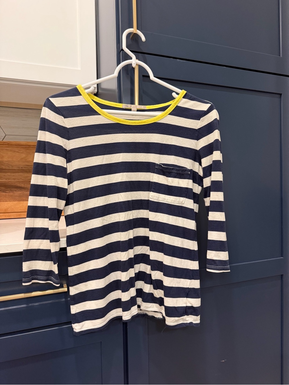GAP Navy & White Striped Long Sleeve Tee with Yellow Neckline